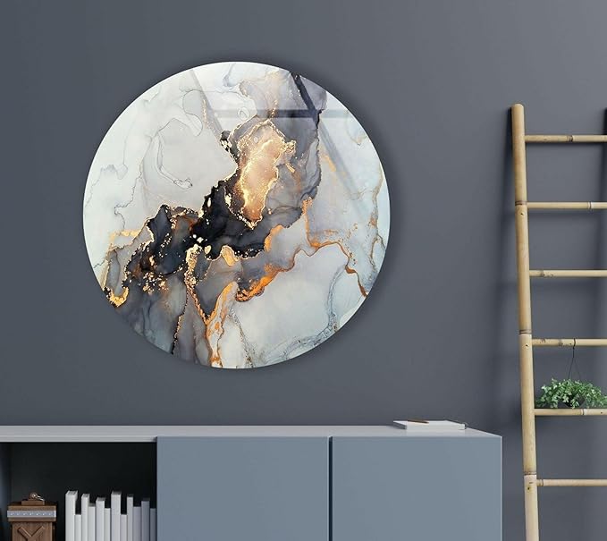 My Photostation.com 15.8''(40cm) Diameter Gold Details Gray Marble Round Glass Wall Art Tempered Glass Printing Wall Decor Large Wall Art Wall Hangings