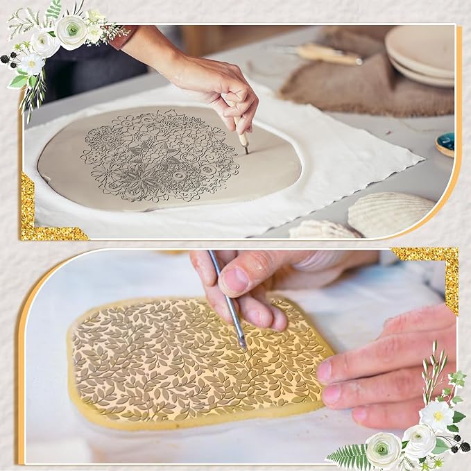 12 Pcs Polymer Clay Texture Sheets Mat Works with Polymer Clay Cutter Embossin Roller DIY Tools for Pottery Earrings Jewelry Making