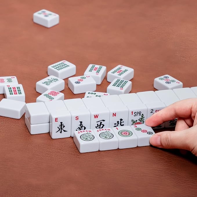 ZGME American Mahjong Set,166 White Tiles with Red Bag and Accessories,4 All-in-One Mahjong Racks with Pushers,Complete Western Mahjong Set