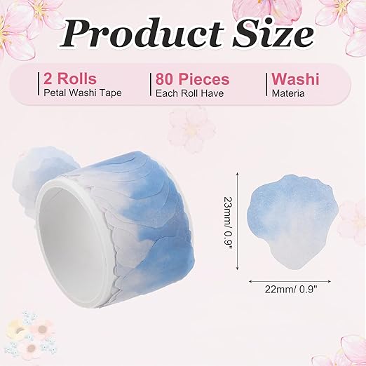 uxcell 2 Rolls Petal Washi Tape, 80 Pieces Floral Decorative Tape Colored Masking Tapes Crafting Supplies for DIY Crafts, Gift Wrapping, Scrapbook, Party Decorations, Small Light Blue