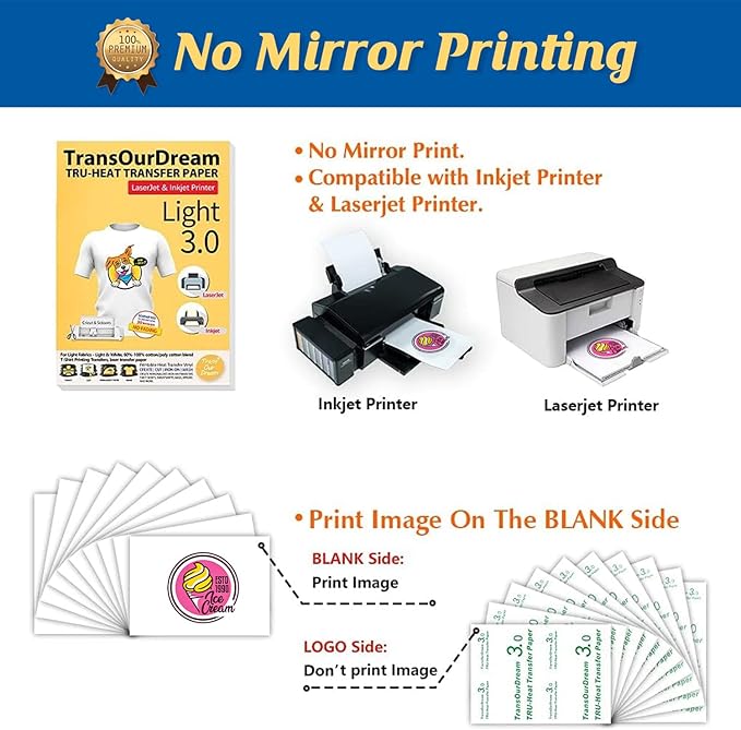 TransOurDream Tru-Heat Transfer Paper for Light T Shirts (200 Sheets 8.5x11, 3.0) Printable HTV Heat Transfer Vinyl for Inkjet & Laserjet Printer Iron on Transfers for Light Fabrics