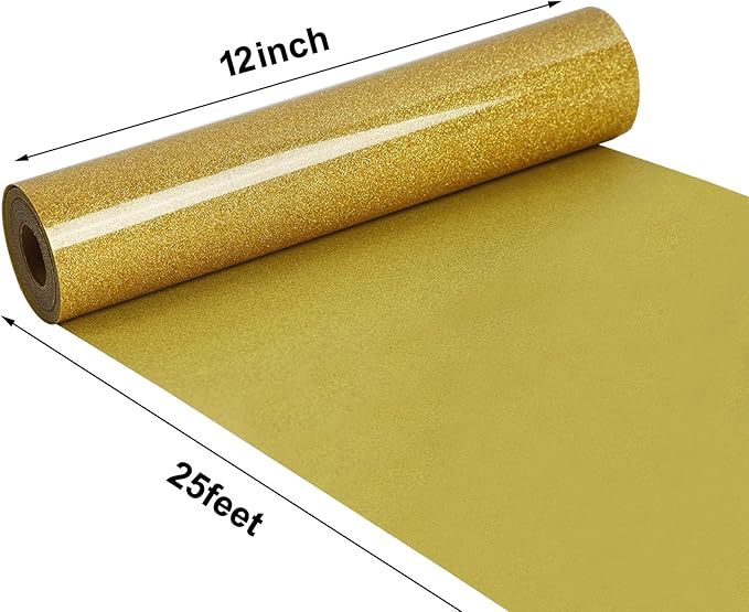 FUNKAKA Glitter Golden HTV Heat Transfer Vinyl Rolls, 12" x 25ft PU Iron on Vinyl for T-Shirt Golden Glitter HTV Vinyl for All Cutter Machines Easy to Cut & Weed for Heat Vinyl Design