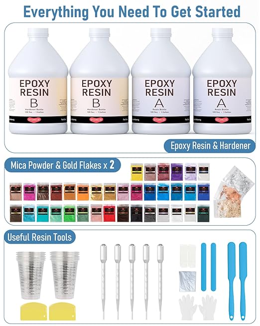 4 Gallon Epoxy Resin Kit with Mica Powder, Gold Foil, Cups & Stick, Crystal Clear Resin Beginner Supplies for Coating Casting Table, Molds, Jewelry Making, DIY Art Craft, 1:1 Ratio