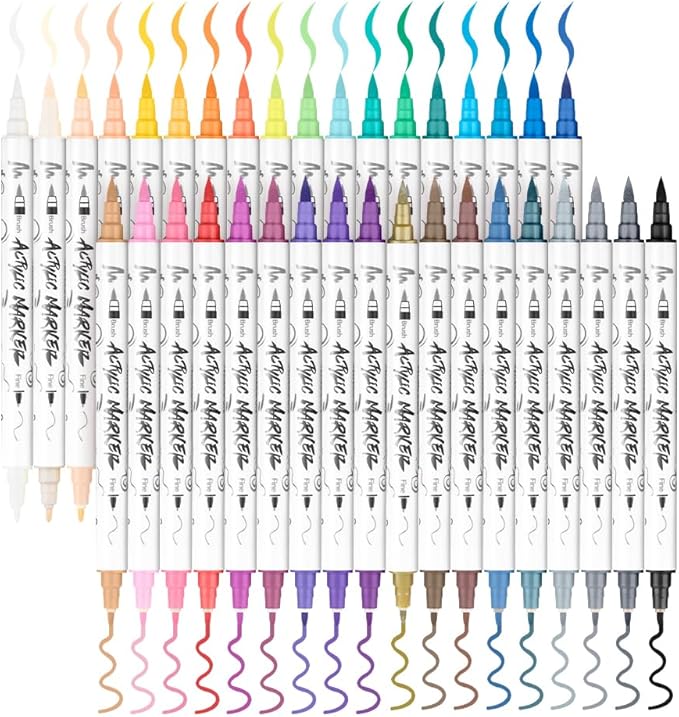 TRANSON 36 Colors Fine and Brush Dual-tip Acrylic Paint Marker Pen Set for Canvas Rock Wood Leather Ceramic DIY Painting