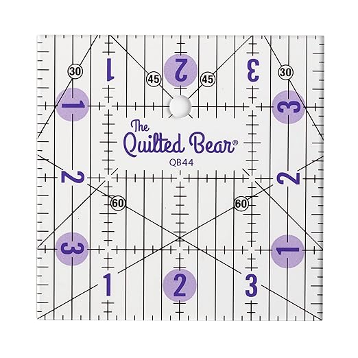 The Quilted Bear Quilting Rulers - Transparent Acrylic Non Slip Quilting, Patchwork & Sewing Ruler with Clear Black Lines & 30, 45 & 60 Degree Angles for Perfect Accuracy & Precision (4" x 4")