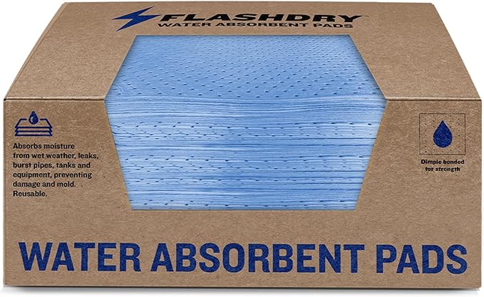 FlashDry Water Absorbent Pads 50 per Box, 17.5"x13.5" - Reusable and Hand Wringable Pads - Ideal for Water Leaks, Spills, Storm Damage Cleanup - Perfect for Basements, Garages, and Under-Sink Cabinets