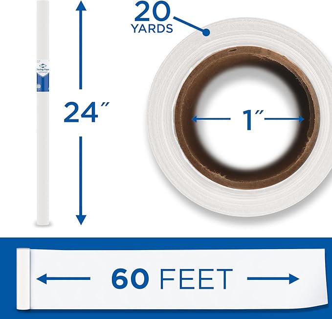 ALVIN 55W-D Lightweight Tracing Paper Roll, White, Suitable with Ink, Charcoal, Felt Tip Pen, for Sketching or Detailing - 24 Inches, 20 Yards, 1-inch Core