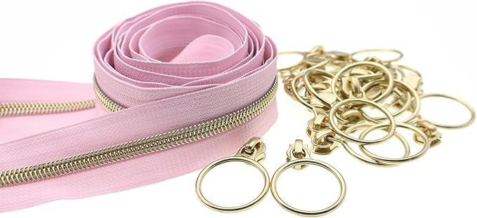 Leekayer #5 Gold Metallic Nylon Coil Zippers by The Yard Bulk 10 Yards Pink Zipper Tape with 25pcs Gold Ring Pull Sliders for DIY Sewing Tailor Craft Bag(Pink)