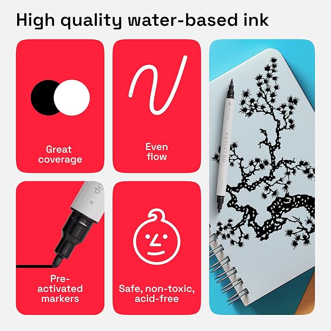 ARTISTRO 2 Black Dual-Tip Acrylic Paint Pens - Multisurface Markers for Glass, Rock, Fabric, Wood, Plastic & More - 1 mm Fine & Brush Tips