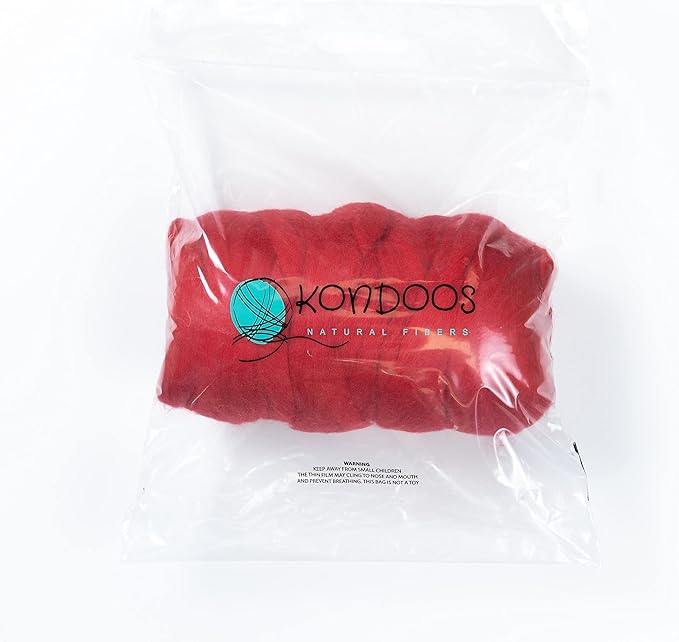 Kondoos Colored Natural Wool roving, 1 lb. Best Wool for Needle Felting, Wet Felting, handcrafts and Spinning. (Red, 1 lb)