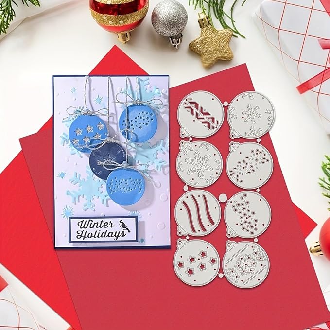 Lapoo Festivals Metal Cutting Die for Scrapbooking - Durable, Cut Stencils for DIY Scrapbook Photo Album Decorative Paper Card, Card Making Supplies, Embossing (8 Christmas Balls 5.6 x 2.8 in)