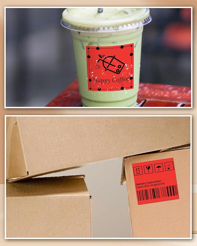 iEager Red Square Thermal Label Stickers, 3" x 3" Self-Adhesive Square Direct Thermal Labels with Perforation Line, 500 Sheets/Roll