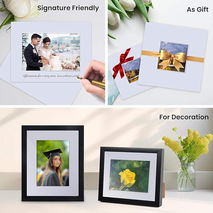 Falling in Art 5 Pack Acid Free 8x10'' White Picture Mats Board Show Kit for 4x6'' Photos, 4-Ply Beveled Pre-Cut Photo Mats with Backing Board for Frames, Artwork and Prints