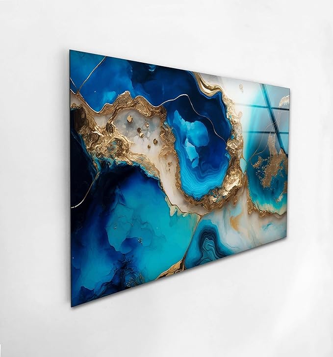 My Photostation.com 28Wx18H'' Blue Alcohol ink Glass Wall ArtTempered Glass Printing Wall Decor Large Wall Art Wall Hangings