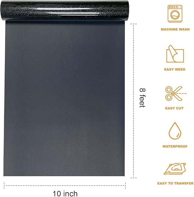 Black Glitter HTV Heat Transfer Vinyl Rolls- 10" x 8ft. Glitter HTV Black for Shirts. Iron on Vinyl and Heat Transfer Vinyl for All Cutters Machines. Easy to Cut & Weed Heat Vinyl Designs