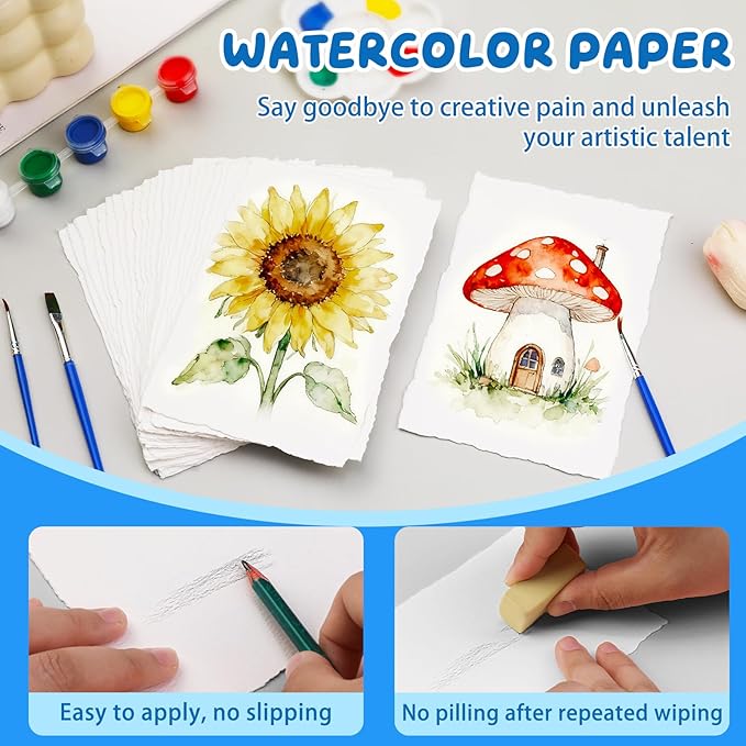 Lunarm Watercolor Paper 50 Sheets, Deckled Edge Paper 300 GSM 4 x 6 inch, Handmade Textured Cotton Paper for Wedding Invitation, Oil Pastel, Watercolor Painting and Cards, Crafts