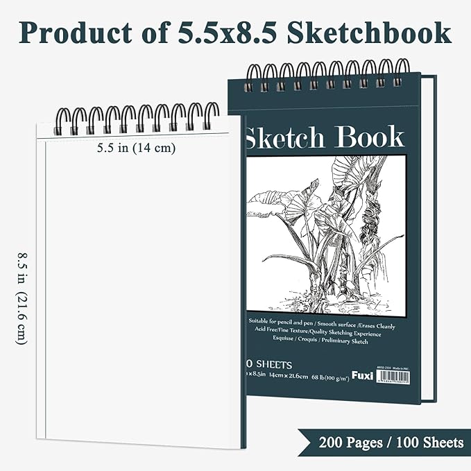 Small Sketchbook 5.5" x 8.5" - 2 Pack Top Spiral Mini Sketch Pad, Small Sketch Book Hard Cover, 100 Sheets Each 68lb/100gsm - Mini Drawing Paper for Kids, Portable Drawing Pad for Beginners & Artists.