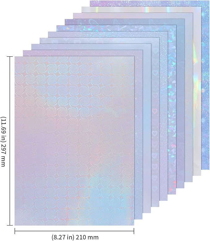 KEILEOHO 50 Sheets A4 Holographic Paper Sticker, 10 Patterns Styles Clear Waterproof Self Adhesive Film, 11.7 x 8.3 Inches Holographic Cardstock