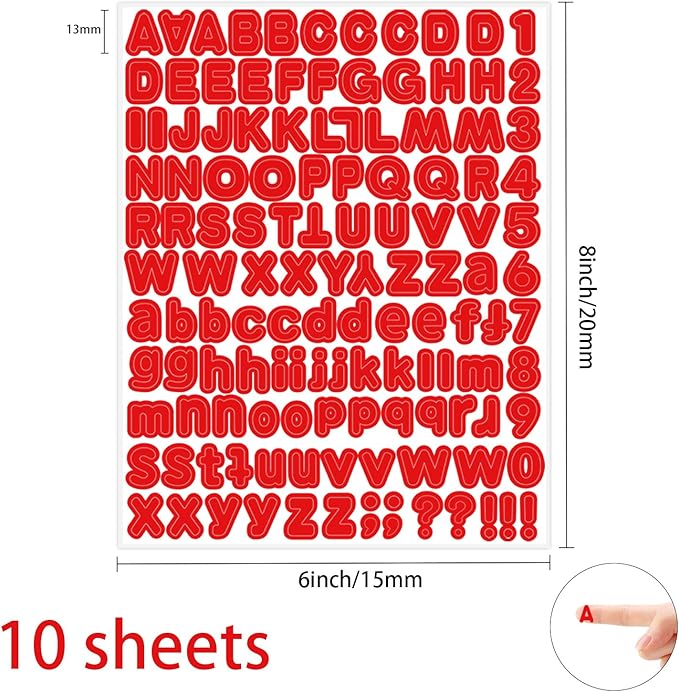 Red Alphabet Letter Stickers, 1/2 inch, 10 Sheets - Self Adhesive Vinyl for Mailbox Numbers, Bulletin Boards, Classroom & Home Decor