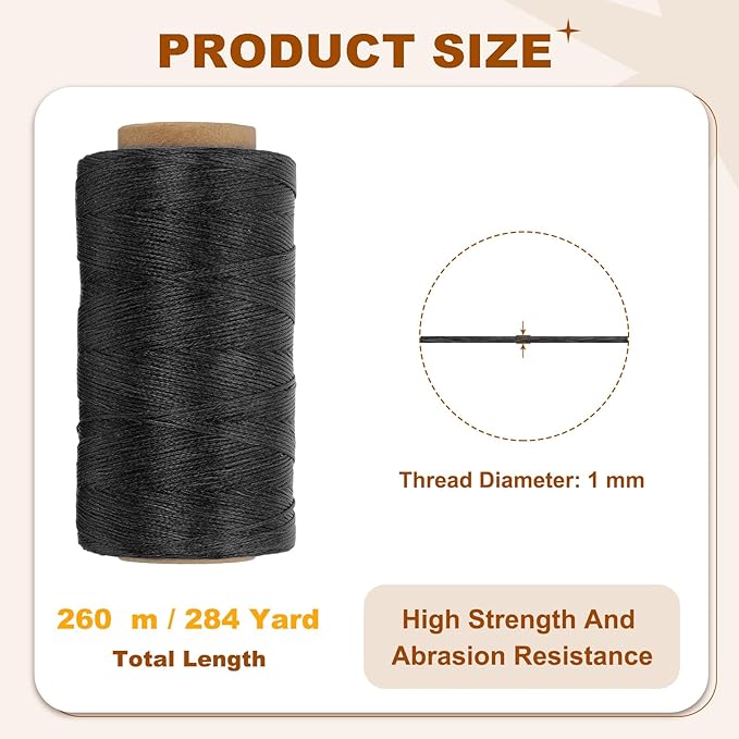 PATIKIL 284 Yard Flat Waxed Thread 150D 1mm Leather Sewing Cord for Repairing Shoes Bags Wallets Jewelry Making DIY Leather Craft, Black