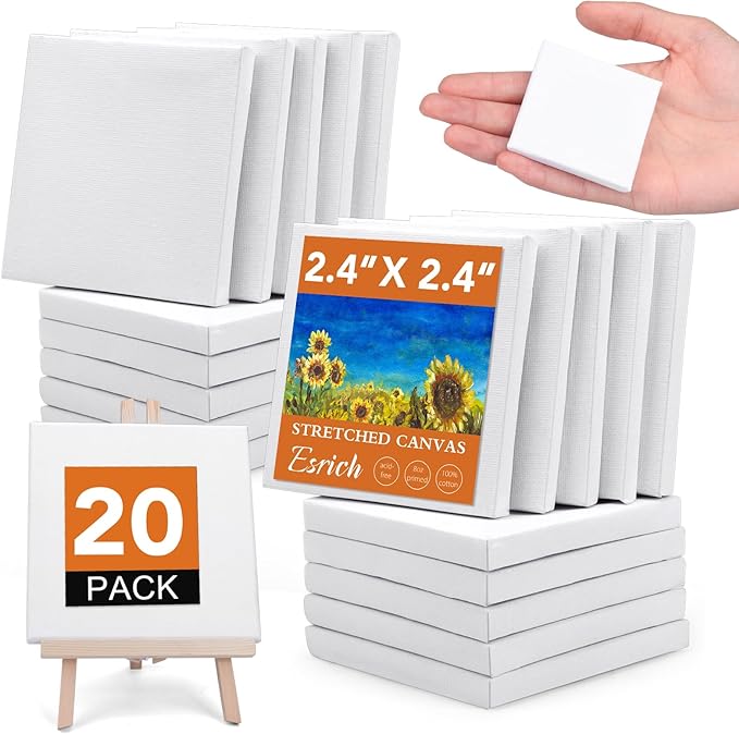ESRICH Mini Stretched Canvas 20Pack 2.4x2.4inch, 2/5''Profile Art Primed Canvases for Painting, Cotton Small Professional Stretched Canvas for Kids and Art Supplies.