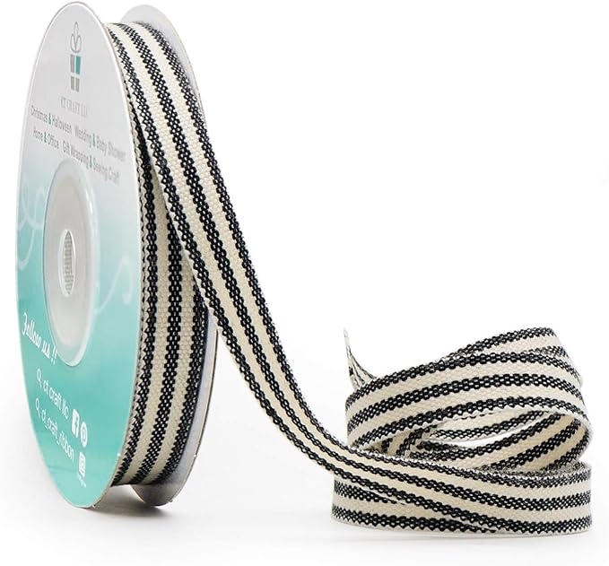 CT CRAFT LLC Ivory Cotton Black Stripes Ribbon 3/8" x 10 Yards for Home Décor Gift Present Wrapping DIY Crafts Birthday Wedding Bouquet Christmas