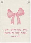 Bible Verses Wall Decor,Pink Coquette Bow Linen Canvas Banner,Christian Wall Art I Am Fearfully And Wonderfully Made Wall Hanging Flag for Kids Girl Bedroom Living Room Dorm 18x25 Inch