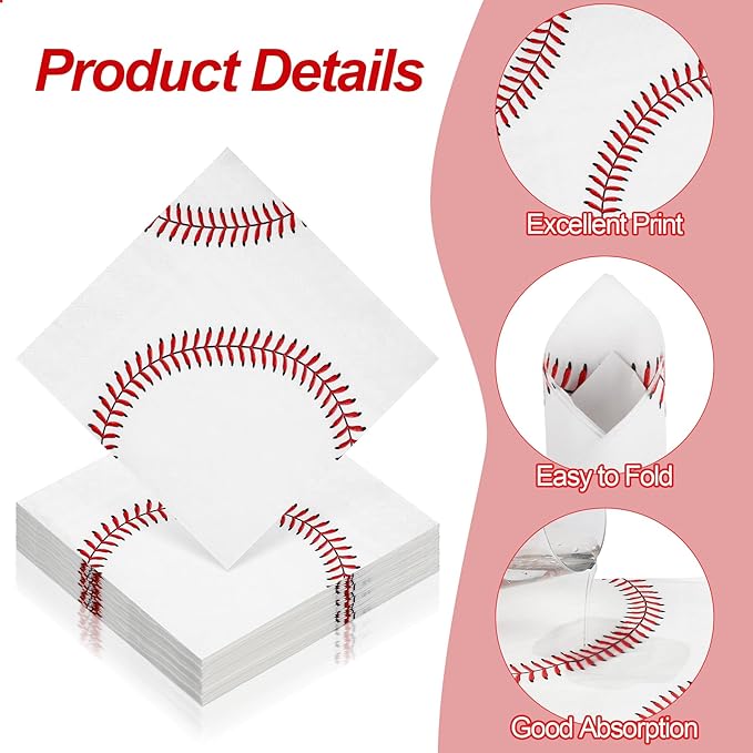 Aodaer 48 Pieces Baseball Napkins - 13 x 13 Inches Disposable Pattern Napkins for Sports Party Supplies, Birthday Party Decorations