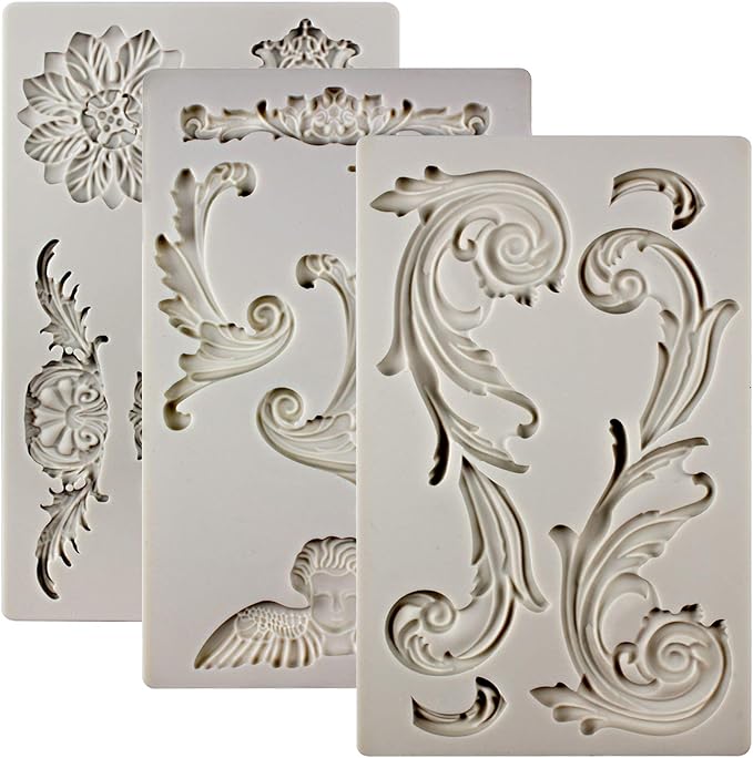 Baroque Style Ornament Curlicues Silicone Molds 3-Count Cherub Birdbath Scrollworks Art Deco Inspired Lace