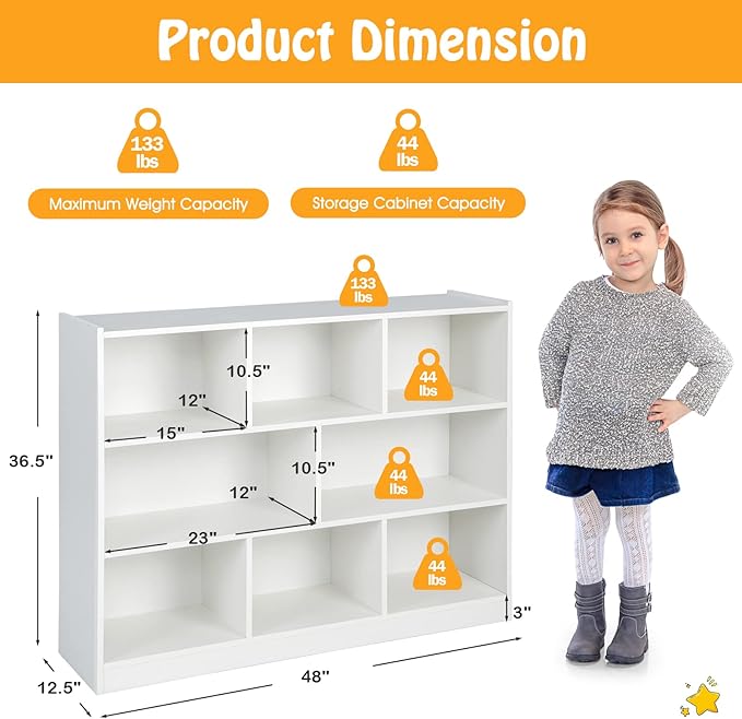 KOTEK Toy Storage Organizer, 8 Cubby Kids Bookshelf, Wooden 4-Tier Bookcase Storage Cabinet, Open Display Book Shelf for Daycare, Nursery, School Classroom, Playroom & Bedroom (White, 8 Cubes)
