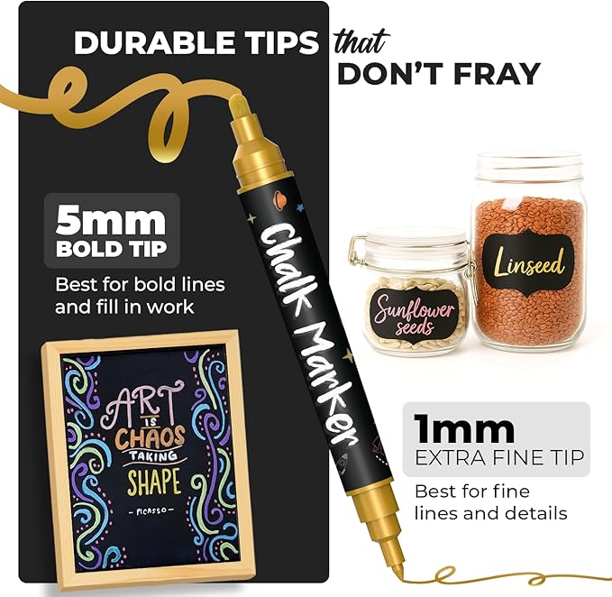 Chalkola Dual Tip Liquid Chalk Markers for Blackboard (10 Metallic Colors, 1mm+5mm Fine, Bold) - Dry Erase Marker Pens for Chalkboards Signs, Car Windows, Glass, Mirrors - Erasable Chalkboard Markers