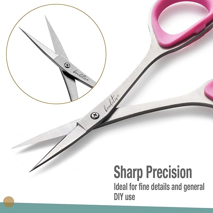 Beaditive Sewing and Embroidery Scissors Set (2 Pc.) Curved and Straight, Sharp, Stainless-Steel Design | Precision Tips, Ergonomic Rubber Handle Grip | Small, Compact DIY Use (1 Curved, 1 Straight)