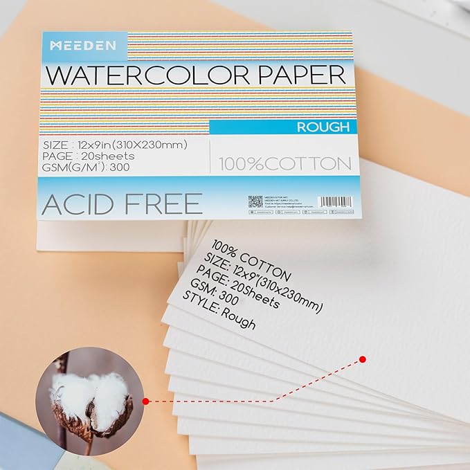 MEEDEN Watercolor Paper Block, 100% Cotton Watercolor Paper Pad of 20 Sheets, 140lb/300gsm, Acid-Free Art Paper for Watercolor, Gouache, Ink and More, 9" x 12" Rough Grain