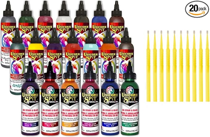 Unicorn SPiT Gel Stain and Glaze 20 Complete Collection: Sparkling and Original Colors with 10 Fine Detail Sticks, 4 oz (Complete Collection, 4 oz)