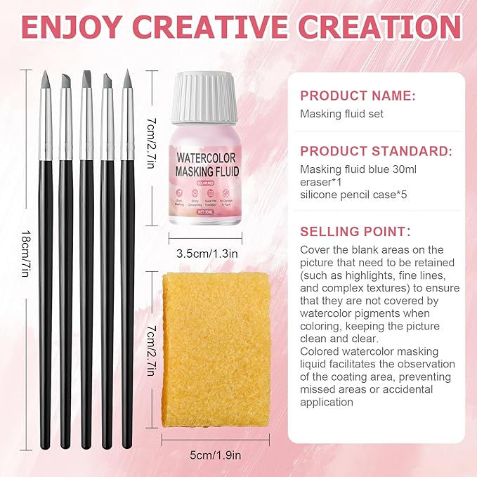 WANJAO Masking Fluid for Watercolor Painting, Liquid Masking Tape with Silicone Pens Cleaning Brush for Painting Fast Drying Easy Peel Use to Art Watercolor Supplies Retouching Covering, 30ml Red