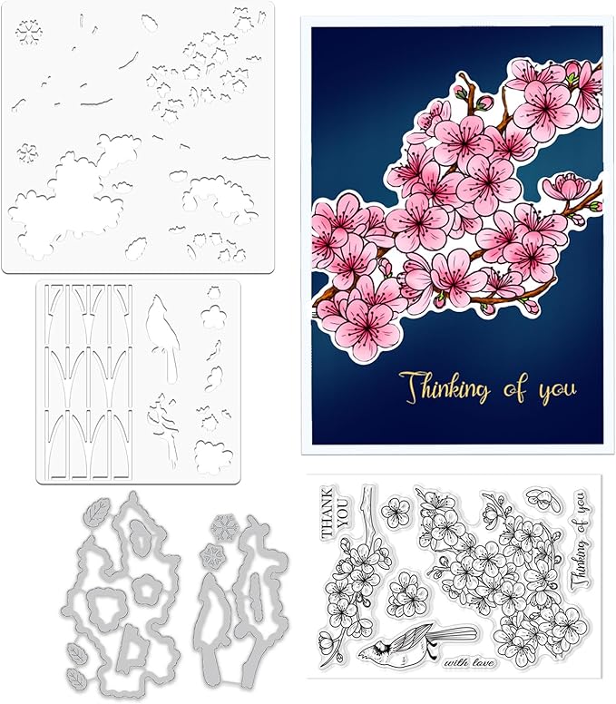 ORIGACH Realistic Winter Plum Blossom Stamps and Dies and Layering Coloring Stencil Set, Silicone Stamps Metal Die Cut and Flower Stencil Template for Card Making Scrapbooking DIY Crafting