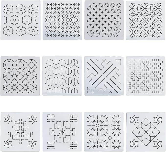 FREEBLOSS Sashiko PET Stencils - Geometric Hand Embroidery Patterns for Drawing and Quilting - 14x14cm Template