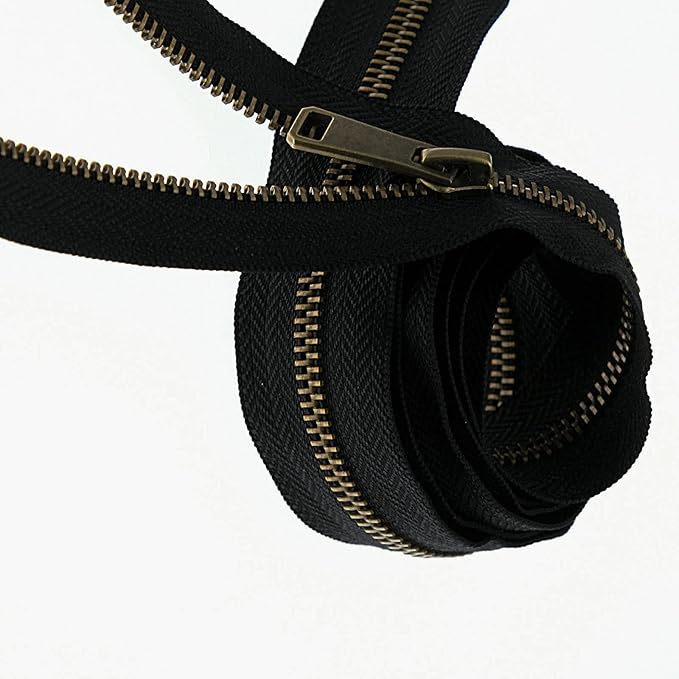 #5 Antique Brass Metal Zippers by The Yard Bulk 2 Yards Black Tape with 10 pcs Sliders Handmade Zipper for Sewing Craft Bag Backpack, Wallets, Purses Leekayer
