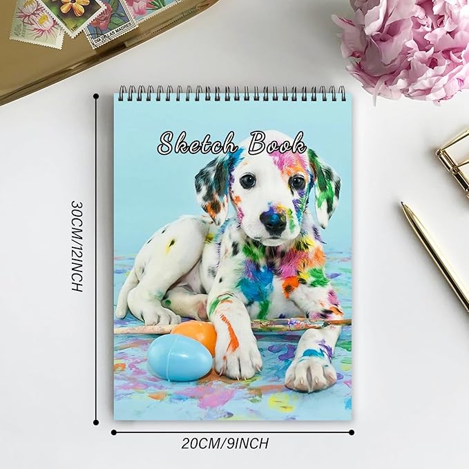 Cabreche Cute Sketchbook Top Spiral Bound Sketch Pad, 9 x 12 inch,100GSM Thick Paper,50 Sheets 100 Pages,Art Sketch Book Artistic Aesthetic Writing Drawing Paper for Girls Women Artists Beginners-Dog