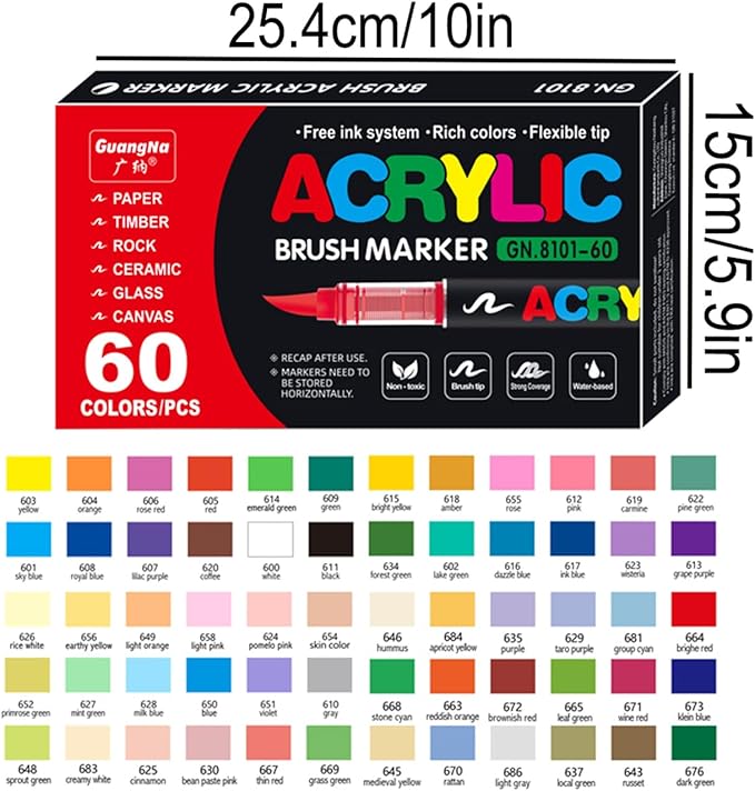 Acrylic Paint Markers Pens, 60 Vivid Colors Acrylic Markers Set,Direct Liquid Type, Stackable Color, Odorless Soft Head，Markers for School，Tooli Art ，Fabric & Creative Crafts (60)