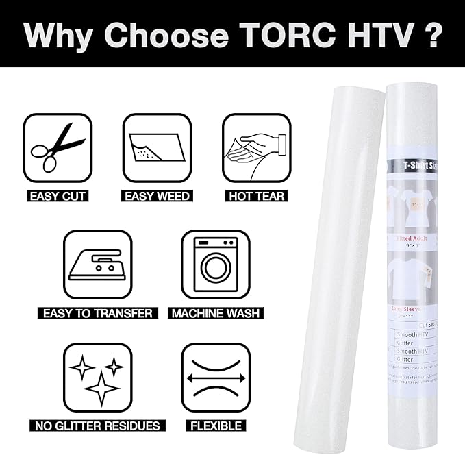 TORC White Glitter HTV Heat Transfer Vinyl Rolls Iron on Vinyl for T Shirts Crafts Total 12 inch x 10 ft