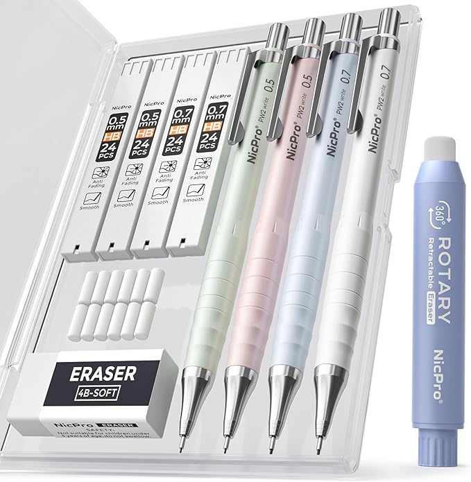 Nicpro Cute Mechanical Pencil Set, 4PCS 0.5 & 0.7 mm Pastel Drafting Pencils with 4 Tube HB Lead Refills, 4B Erasers, Rotary Retractable Eraser, Eraser Refill for Writing Sketching School Supplies