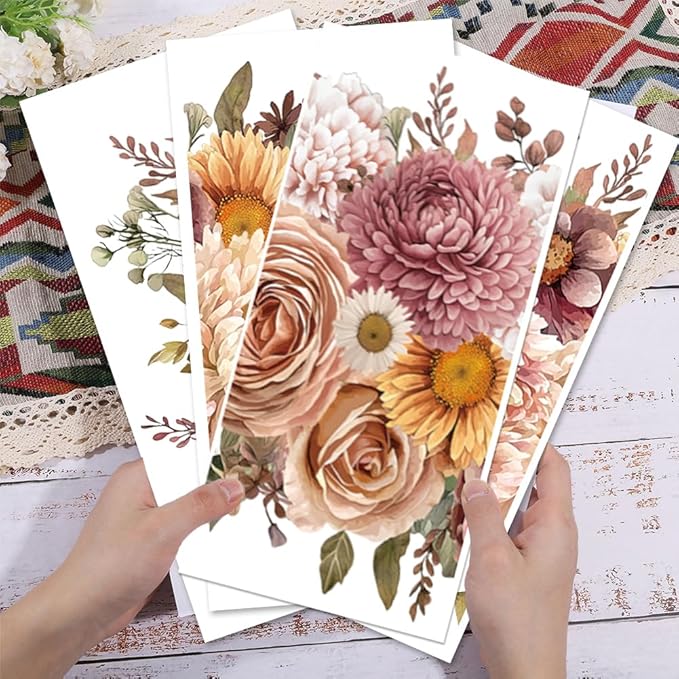 GLOBLELAND 4 Sheets Pink Vintage Bouquet Rub on Transfer for Furniture 11.8x5.9inch Flowers and Plants Rub on Transfer Sticker Daisy UV Self Adhesive Decals Wall Art Craft for Home Decor