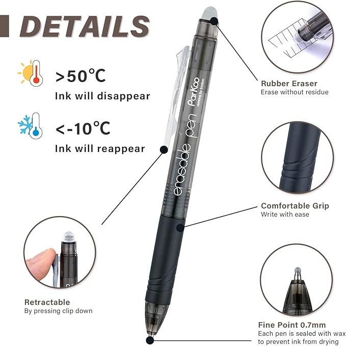 ParKoo Retractable Erasable Gel Pens Clicker Fine Point 0.7 mm, No Need for White Out, 8 Black/2 Blue/2 Red Ink for Completing Sudoku and Crossword Puzzles, 12-Pack