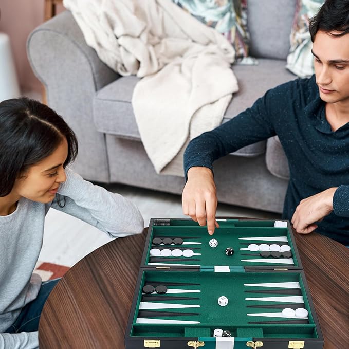 Backgammon Set 2 Players Classic Backgammon Sets for Adults Board Game with Black PU Leather Case Portable and Travel Backgammon Set (Green, 11inch)
