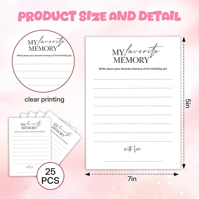 Birthday Party Games, My Favorite Memory, 25 Pcs Card Set for Guests, Fun Birthday Game for Teen Adults – A06