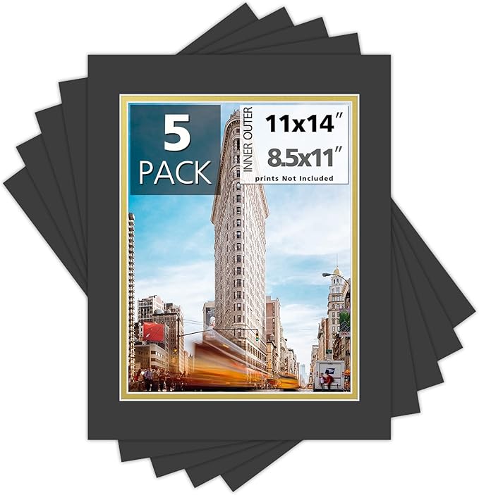 Mat Board Center, Double Mat - Acid Free, 8-ply Thickness, White Core - for Pictures, Photos, Framing (Black Over Gold, 11x14 for 8.5x11, Pack of 5)
