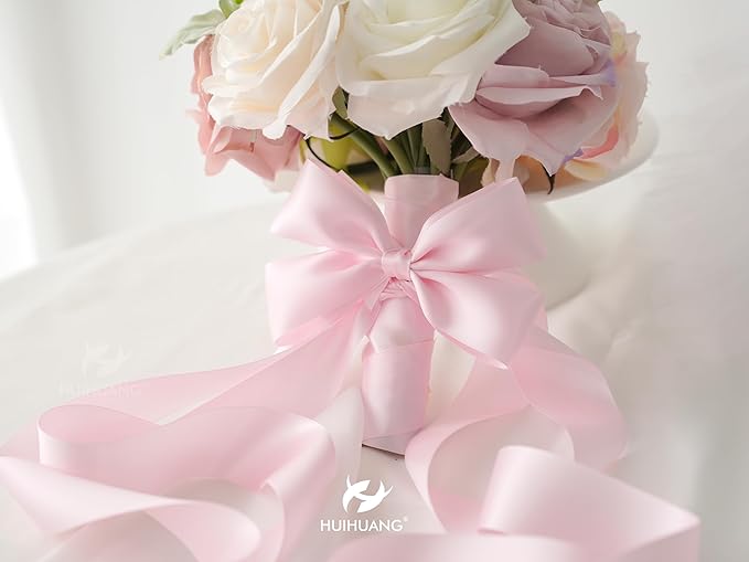 HUIHUANG Pink Satin Ribbon 1-1/2 inch x 100 Yards Light Pink Double-Faced Satin Ribbon for Flower Bouquet, Gift Wrapping, Eternal Roses, DIY Crafts, Bridal Shower Wedding Decor