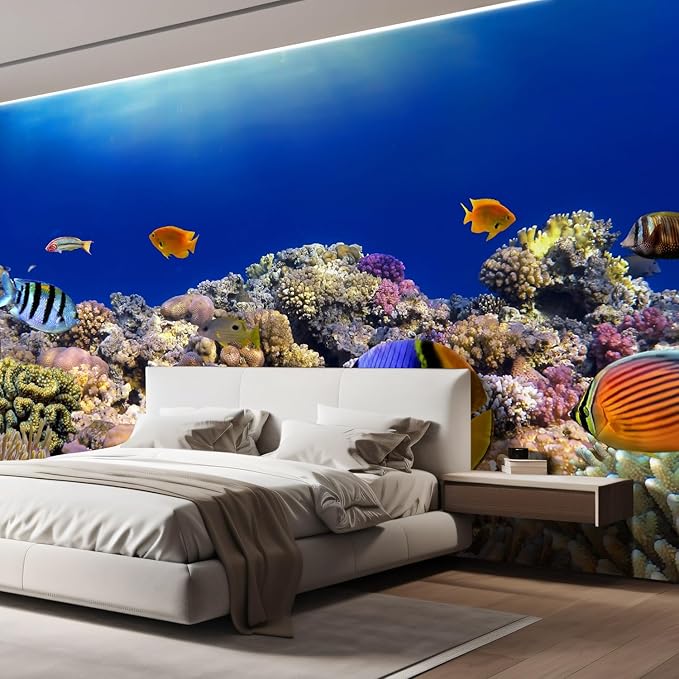 wall26 Removable Wall Sticker/Wall Mural Tropical Blue Fish Coral Reef Ocean Seascape Nature Wilderness Photography Nautical Landscape Decorative for Living Room, Bedroom, Office - 108x120 inches