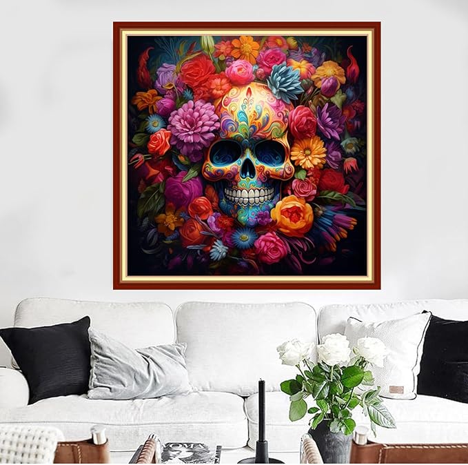 Redxing Stamped Cross Stitch Kits Full Range of Embroidery Starter Kits- Needlepoint Counted Cross Stitch Kits for Beginner Adults 11CT Printed Embroidery Kit-Skeleton Flower 18x18 inch
